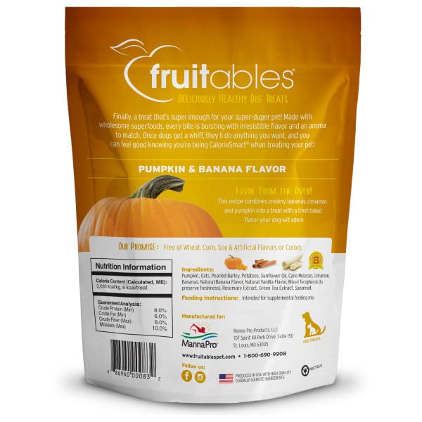 Fruitables Baked Dog Treats - Healthy Low Calorie - Free of Wheat, Corn and Soy - Pumpkin and Banana - 12 Ounces