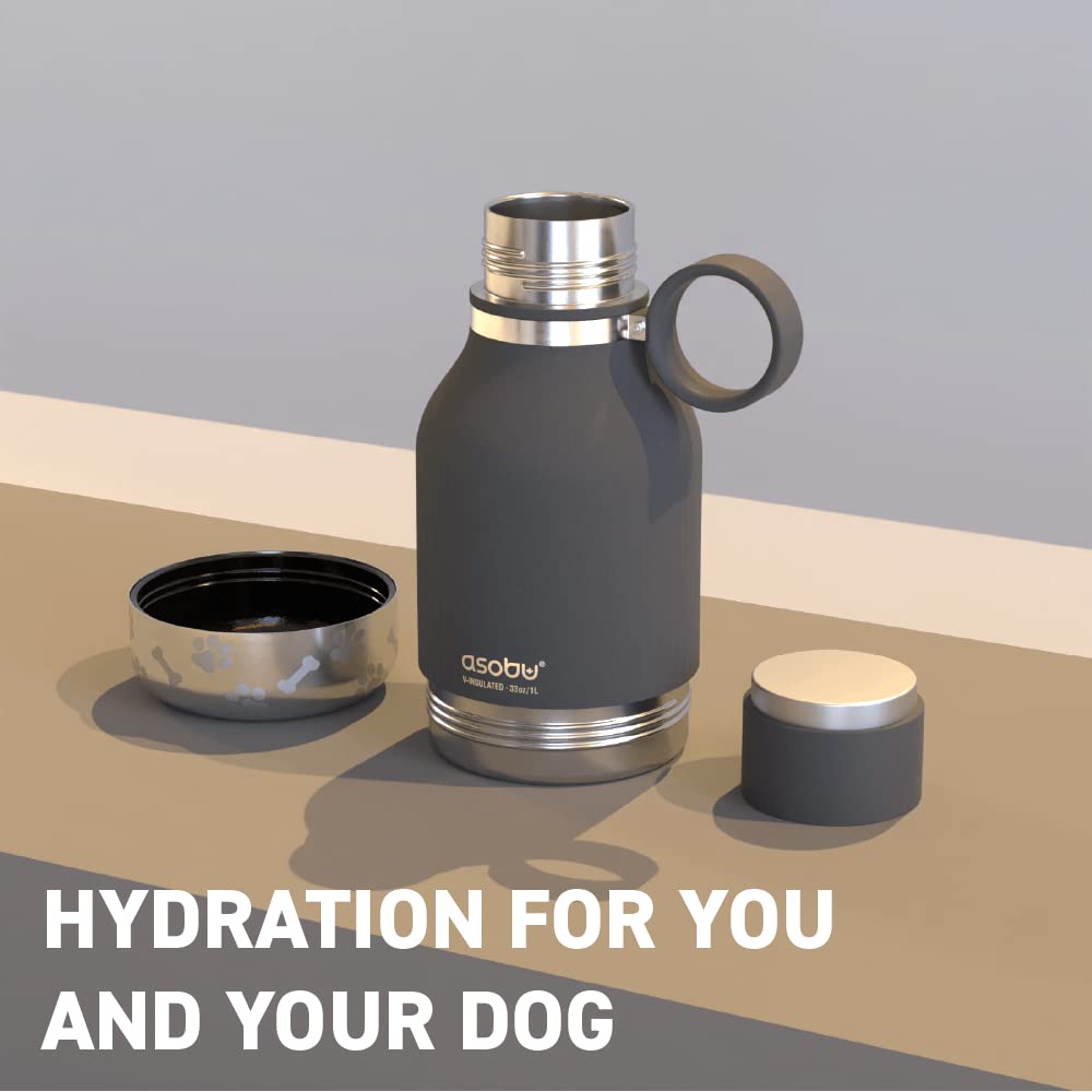 Asobu Dog Bowl Attached To Stainless Steel Insulated Travel Bottle For Human 37Oz/1.1 Liter With Detachable Dog Bowl (Smoke)