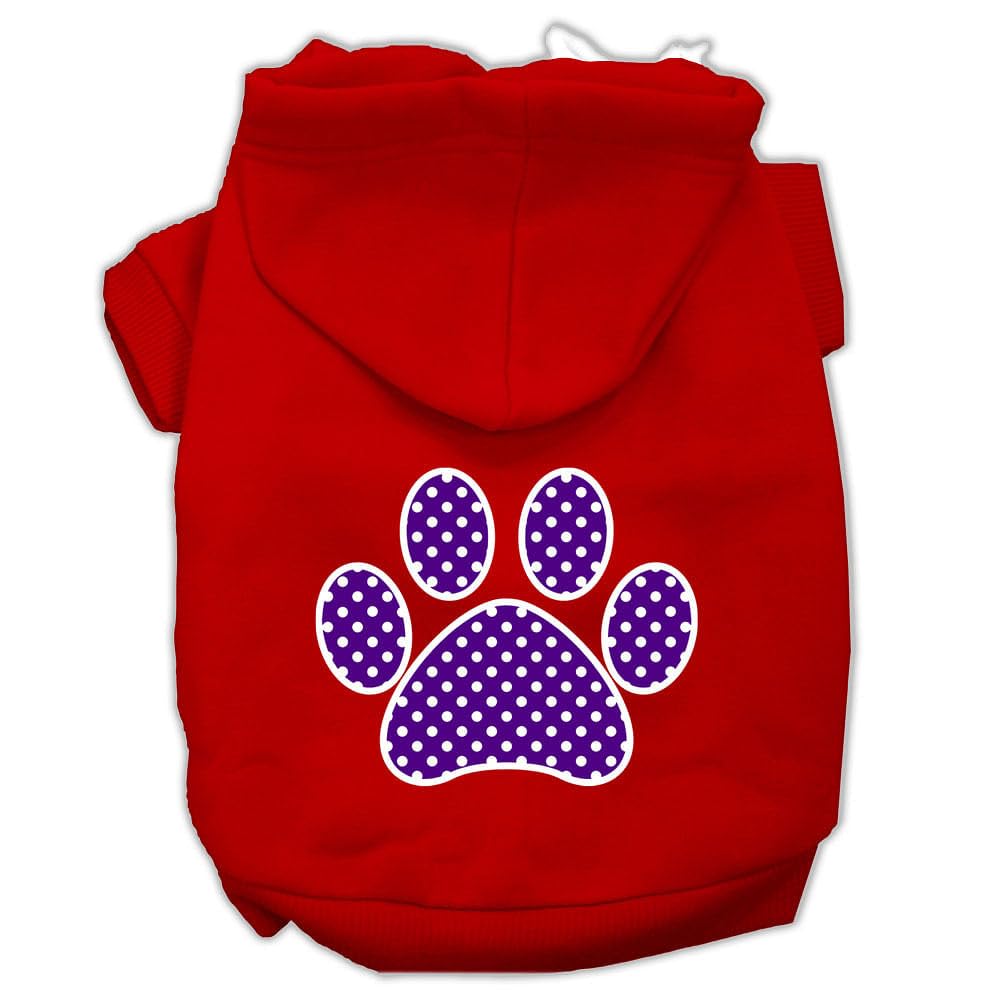 Pet, Dog & Cat Hoodie Screen Printed, 'Purple Swiss Dots Paw' Red Xs (0-3 Lbs.)