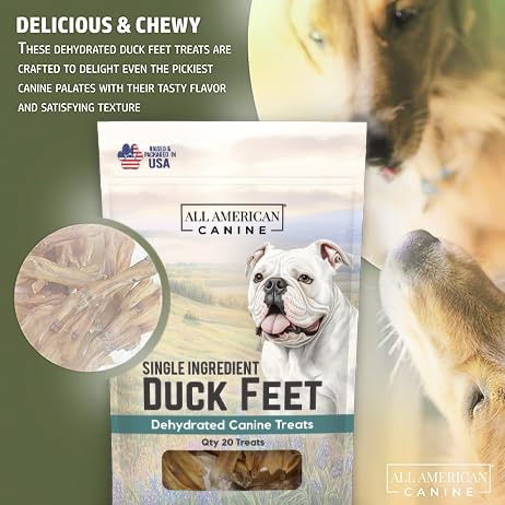 All American Canine Natural Duck Feet Dog Treats - Single Ingredient, Dehydrated & Digestible - Crunchy, Low-Fat, High-Protein C
