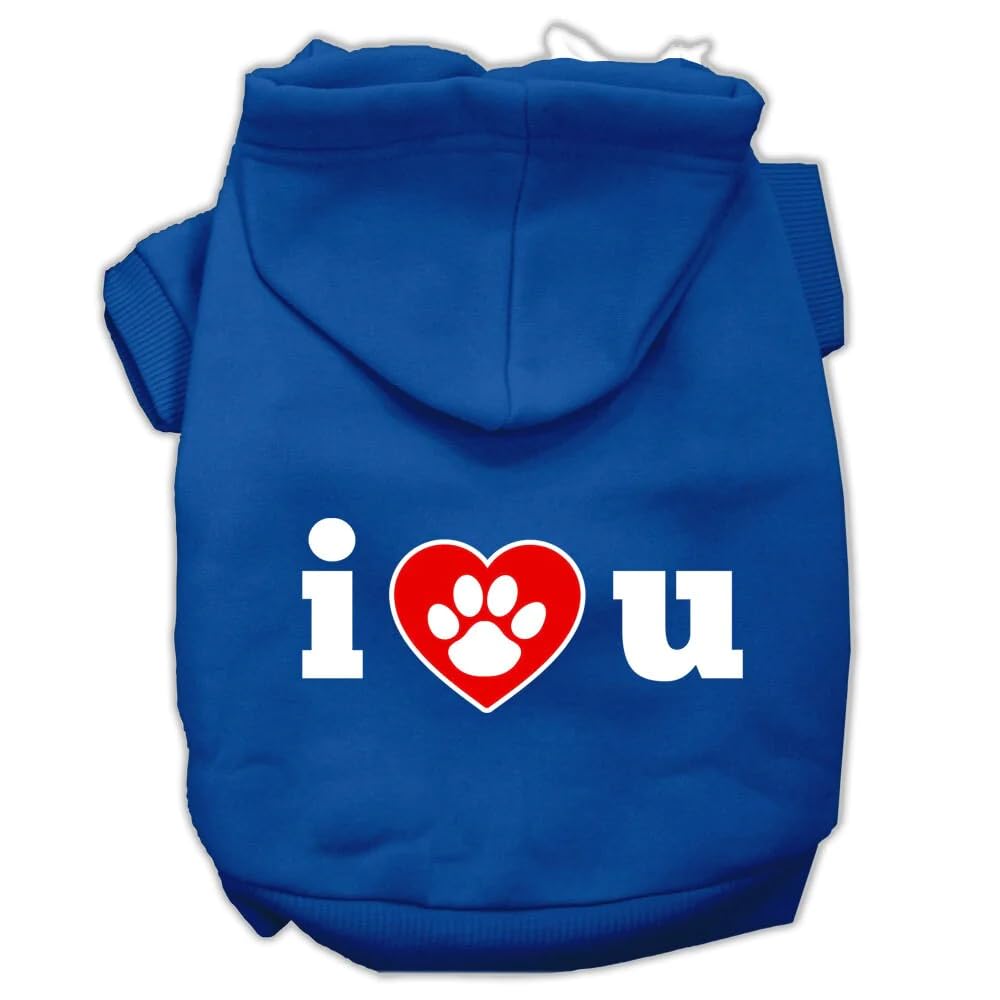 Pet Dog & Cat Hoodie Screen Printed, I Love U Blue XS (0-3 lbs.)