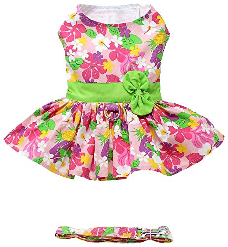 Doggie Design Pink Hawaiian Floral Dog Harness Dress With Matching Leash (Medium)