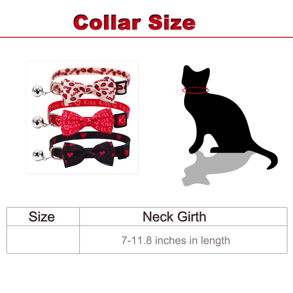 3Pcs Valentines Day Cat Collar With Bow Tie And Bell Heart Love Red Lips Kiss Xoxo Pattern For Small Medium Large Kitten Black P