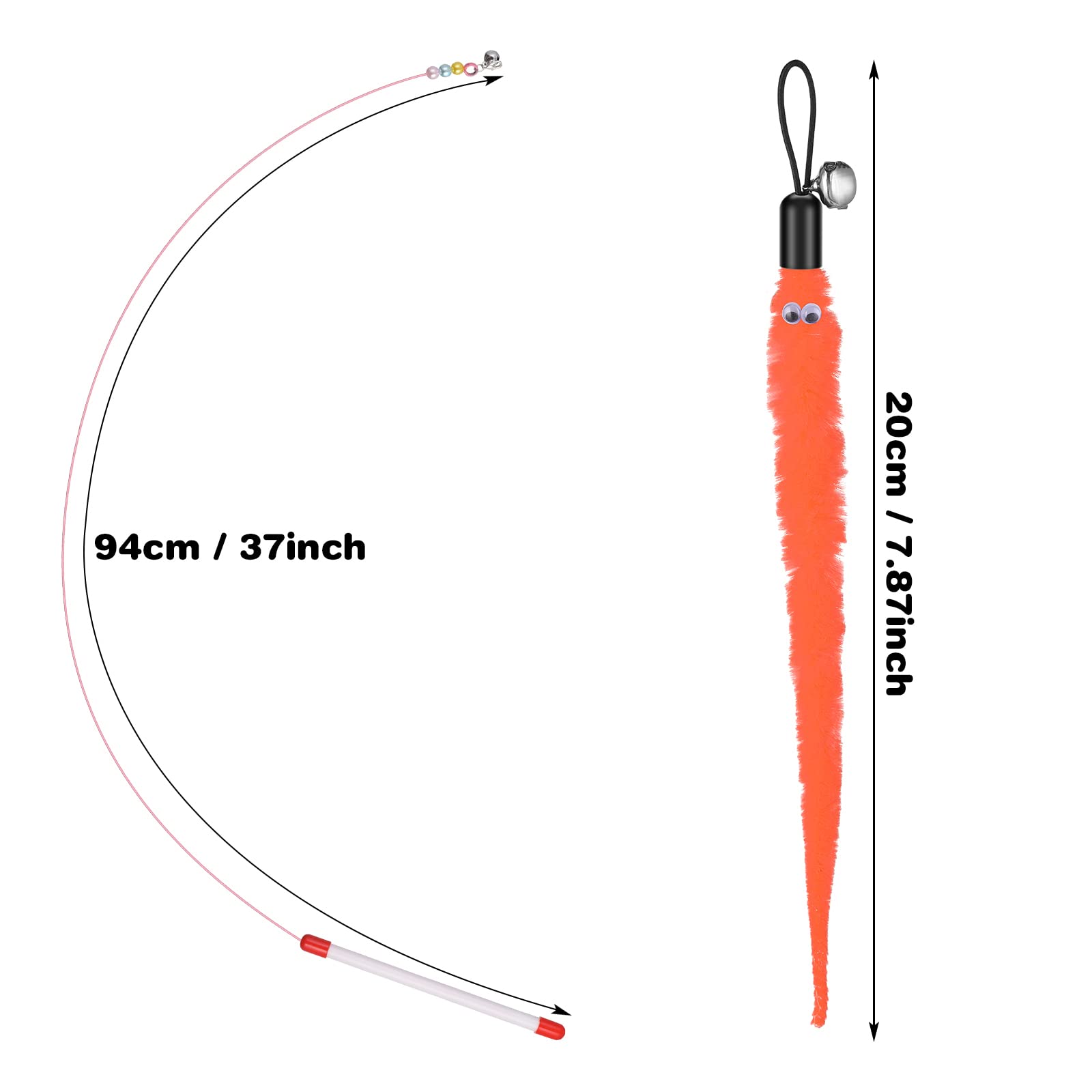 Cobee Cat Toys Wand Replacement, 6Pcs Furry Tail Worms With Bells + Cat Fishing Pole Toy, Cat Wand Toy Replacement Refills, Assorted Teaser Refills With Bell For Cat Kitten