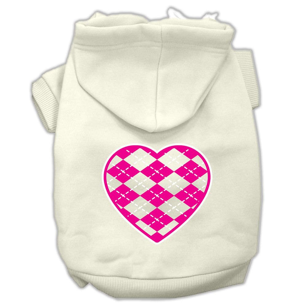 Pet Dog & Cat Hoodie Screen Printed, 'Pink Argyle Heart' Cream 3Xl (25-35 Lbs.)