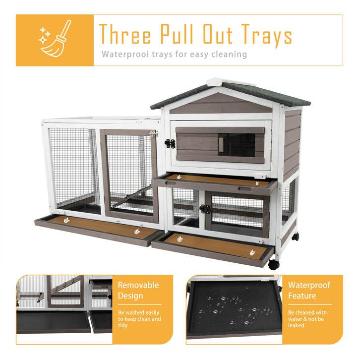 Petscosset 57'' L Rabbit Hutch Indoor Outdoor 2 Story Large Bunny Hutch With Run Guinea Pig Cage Wooden Rabbit Cage With Removab