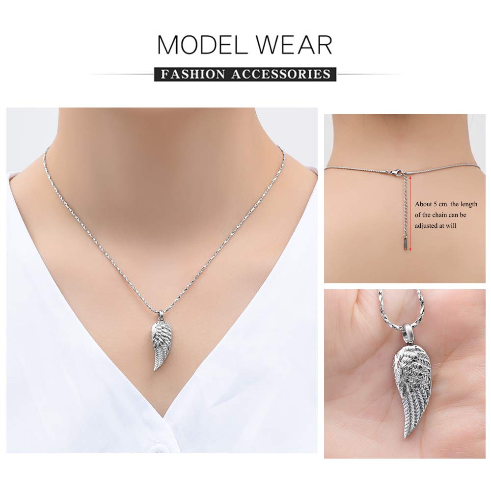 Imrsanl Angel Wings Cremation Jewelry For Ashes Pendant Stainless Steel Keepsake Memorial Urn Necklace For Human/Pets (Silver)