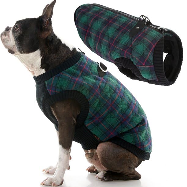 Gooby Fashion Vest Check Dog Jacket - Green Check, Large - Warm Zip Up Bomber Vest with Dual D Ring Leash - Winter Water Resista