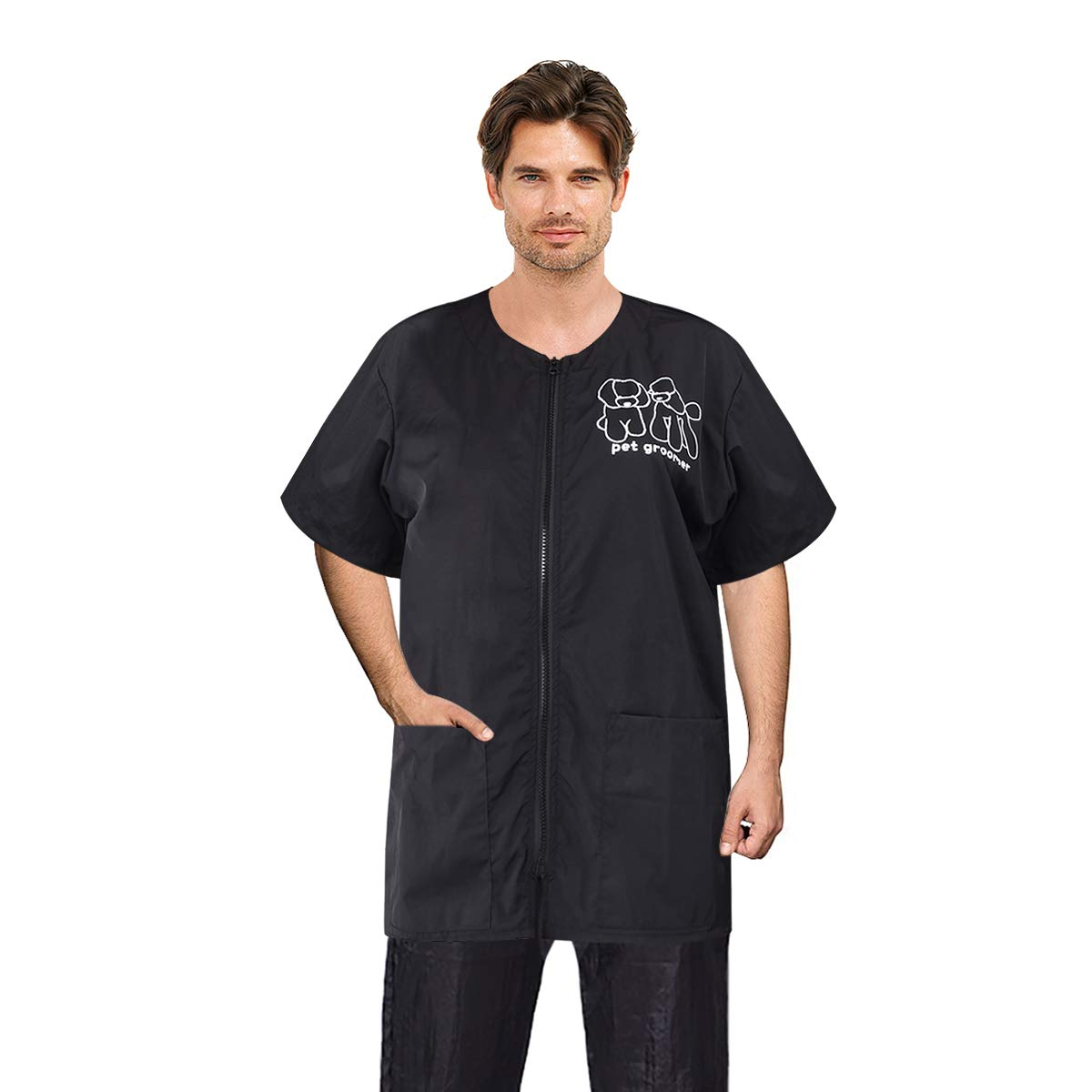 Noverlife Short Sleeves Pet Grooming Work Clothes With Full Zipper, 3Xl Size, Splash Proof Anti-Static Pet Beautician Smock, Dog Cat Groomer Cosmetologist Uniforms For Pet Shop Men Women