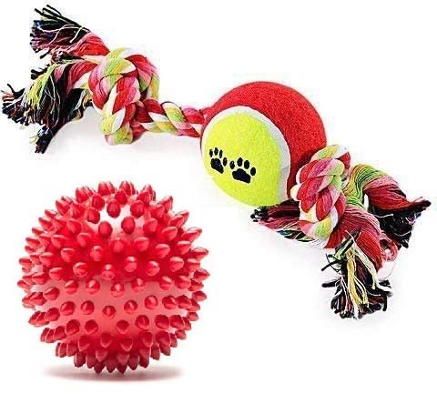 Rvpaws Rubber Spiked Ball Dog Chew Toy And Rope Dog Toy With Tennis Ball