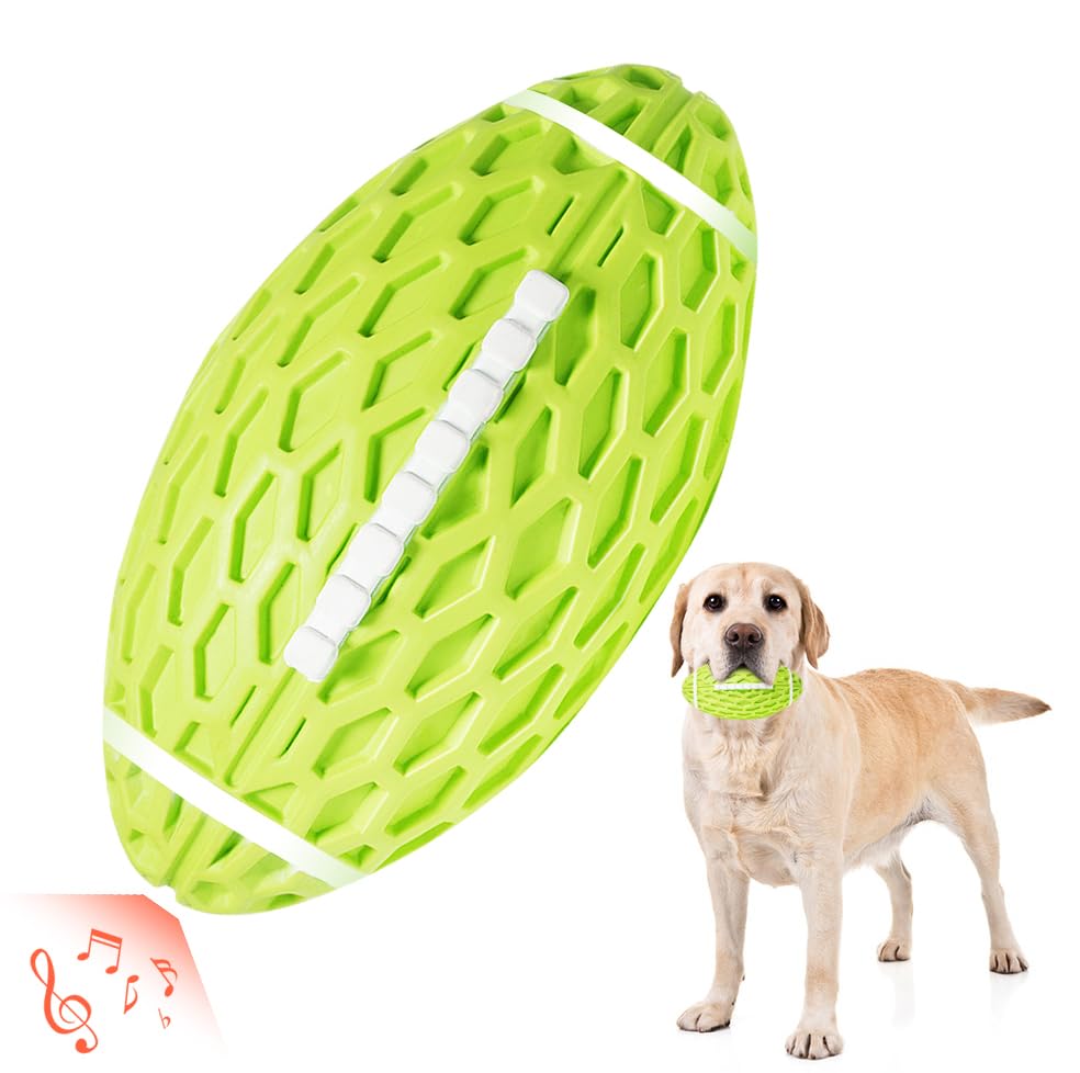 Auscat Squeaky Dog Football Toy For Aggressive Chewers, Tough Rubber Dog Ball For Medium Large Dogs, Green, Large, 5.5