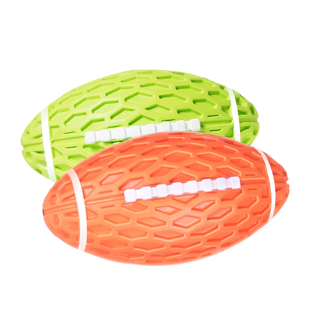 Auscat 2Pcs Squeaky Dog Football Toy For Aggressive Chewers, Tough Rubber Dog Ball For Small Medium Dogs, Green And Orange, Smal