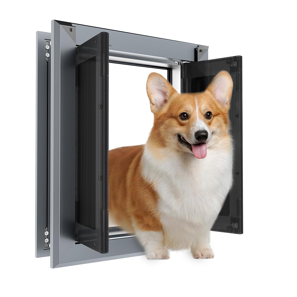 Pataplus Aluminum Medium Dog Door For Exterior Door,Strong Double Magnetic Flaps,Heavy-Duty Doggy Door For Medium Dog Up To 40Lb