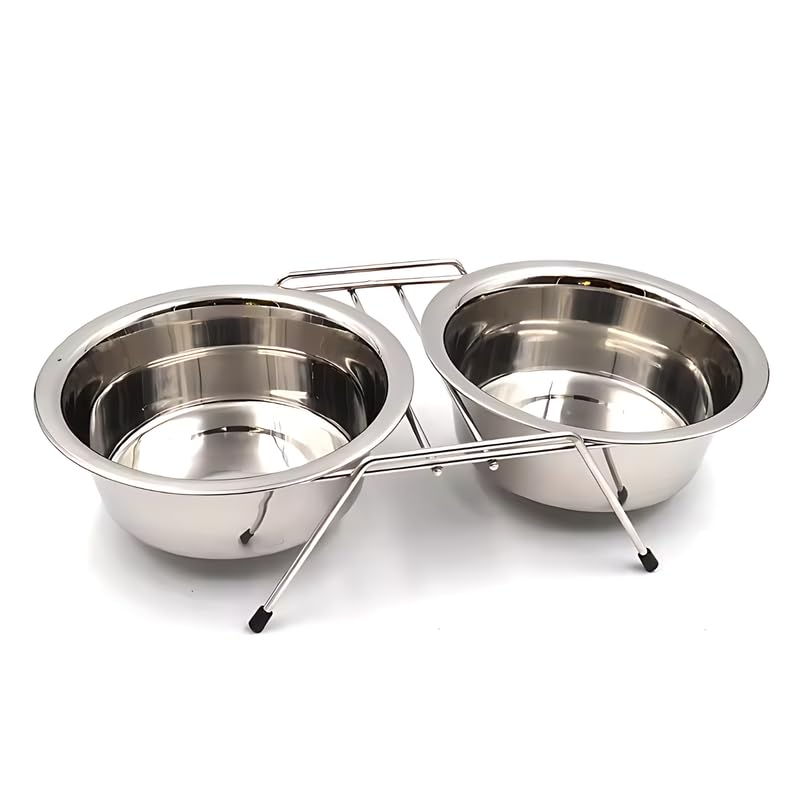 Pets Empire Stainless Steel Dog Cat Double Diner Pet Bowl, 2 Pet Dishes Package Set For Drinking Or Eating Dog Bowl, 1 Piece (Sm
