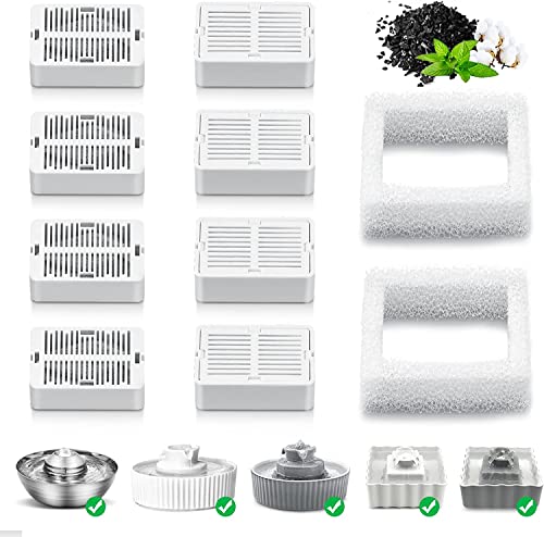 VinDox Pet Fountain Replacement Filters, 8 Cat Fountain Carbon Filters and 2 Foam Pre-Filters for Cupcake Ceramic Pet Fountain P