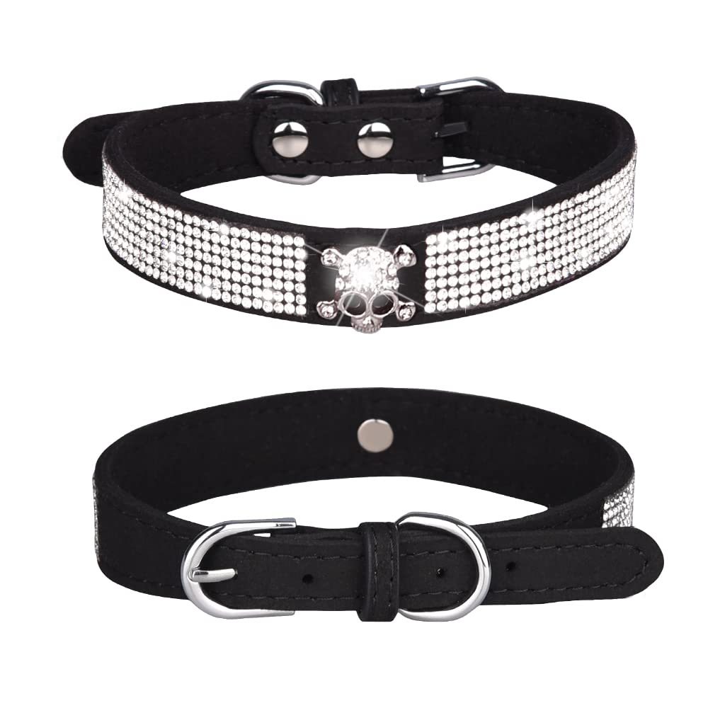 Pimaodog Rhinestone Dog Collar, Cute Dazzling Sparkling Soft Suede Leather Adjustable Pet Dog Cat Collar Crystal Diamond For Puppy Small Medium Large Dogs (L:38-46Cm, Black-5)