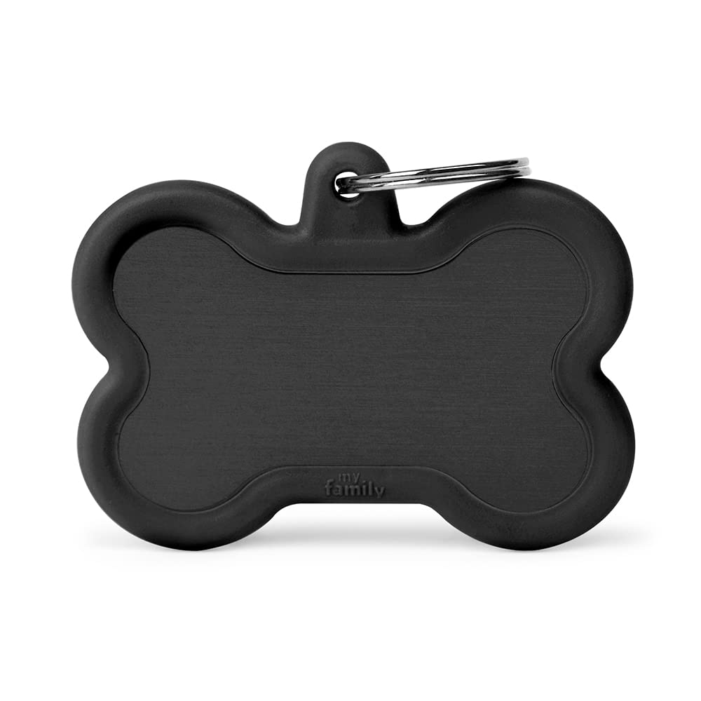 Myfamily Personalized Pet Id Tag Made In Italy, Black Xl Bone, Free Engraving, Enamelled Aluminum And Rubber, Hushtag Collection