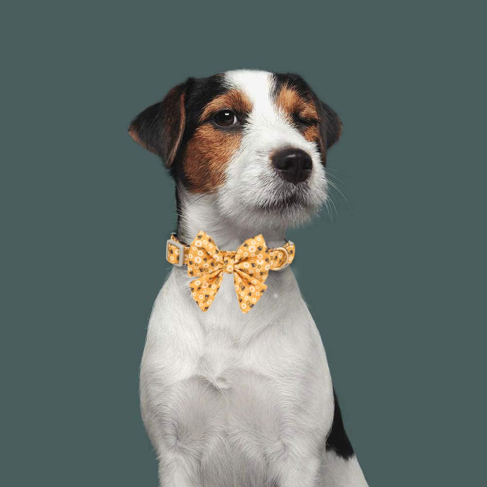 Ewinoom Bowtie Dog Collar Adjustable Soft Cotton Dog Collars In Cute Bee Pattern,For Small Medium Large Boy & Girl Dogs,Yellow B