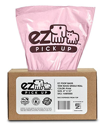 1000 Pet Waste Disposal Dog Poop Bags, EZ Pick Up Bag, Pink (single roll), 9''x12'' Large