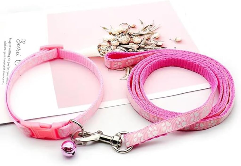 Pink Xs Dog Collar With Bell Leash Set, Nylon Basic Reflective Puppy Collars Paw Print For Xxs Xs Small Cat Pet Animal Litter Ti