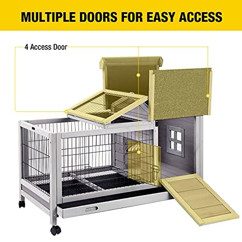 Aivituvin Wooden Rabbit Hutch With Removable Wire Floor Grid, Bunny Cage With Deeper Leakproof Tray - 4 Wheels Include