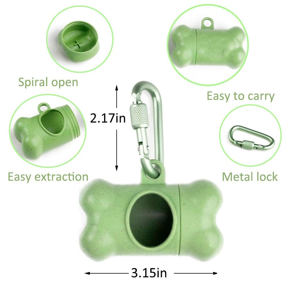 Dog Poop Pickup Bags Holder Dispenser With 1 Roll Random Color Leak-Proof Scented Doggy Waste Bags And Carabiner With Safety Lock Plus Hook And Loop Fastener Never Loose On Leash Lead Again (Green)