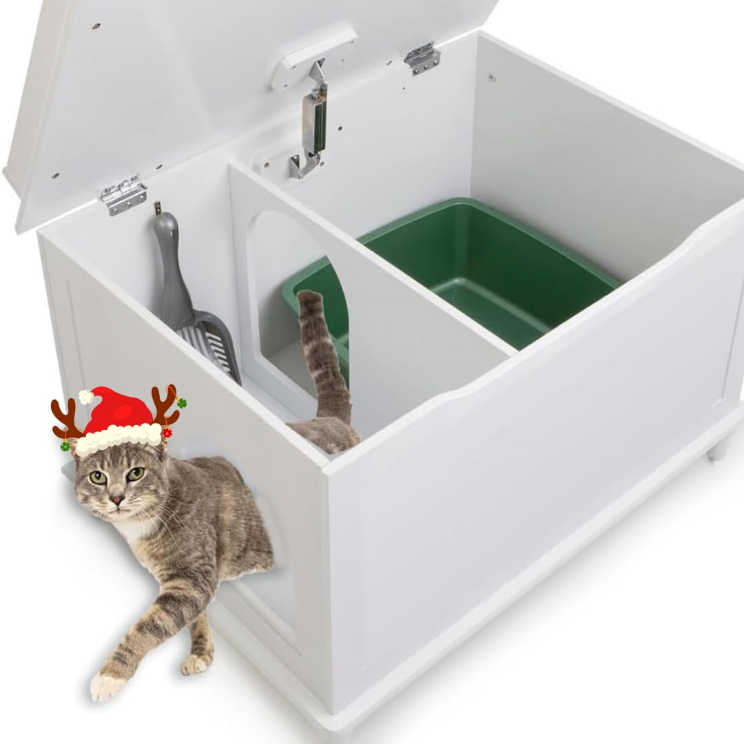 Designer Catbox Cat Litter Box Enclosure, Hidden, Dog-Proof Pet Furniture With Cover, Elegant, Covered, Odor Contained For Large Cats, Cat Litter Box Furniture With Lid, White, Jumbo Sized