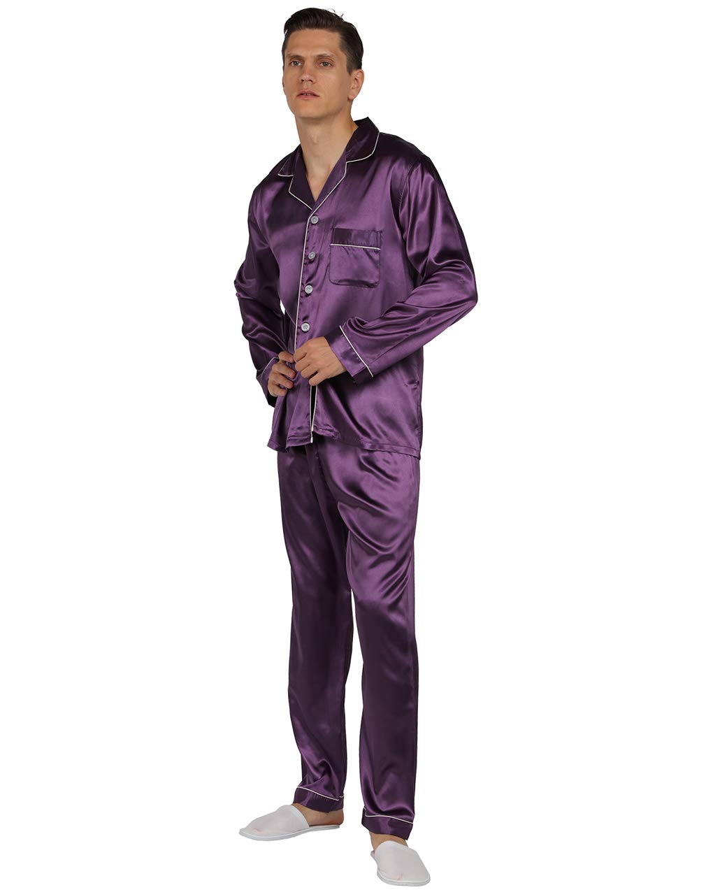 YIMANIE Mens Satin Pajamas Set, Classic Sleepwear Loungewear, Medium, Purple, Polyester, Model US-YMN-SE-09-ZS-M