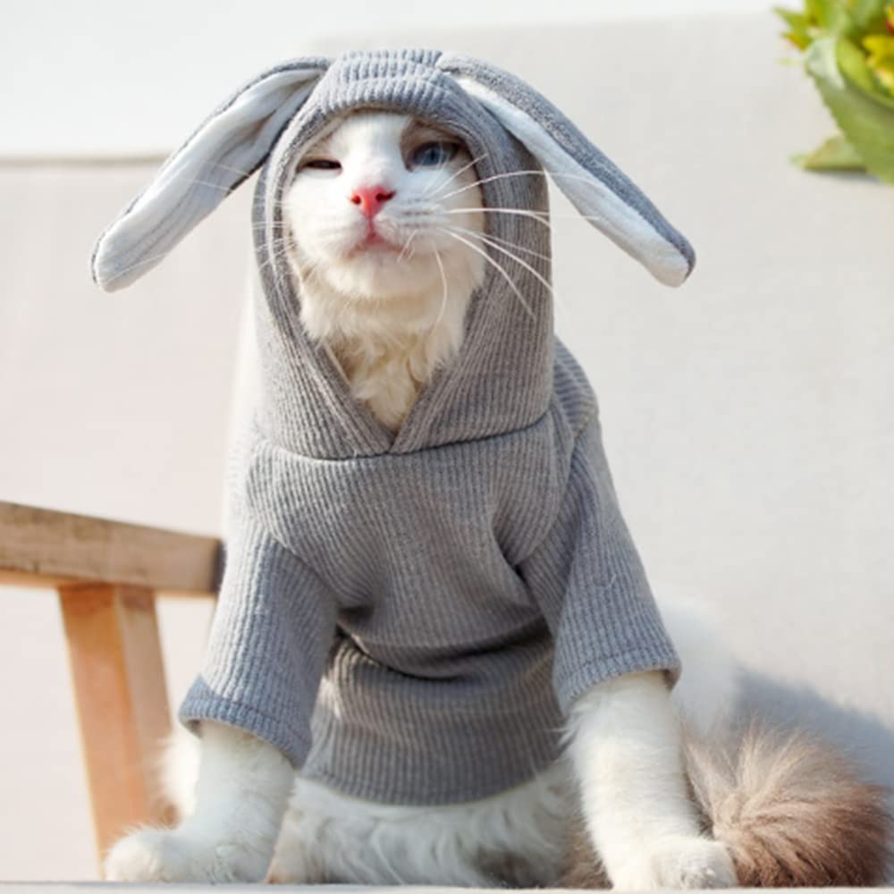 Aniac Pet Hoodie Cat Rabbit Outfit With Bunny Ears Cute Sweatshirt Spring And Autumn Puppy Knitted Sweater Kitty Soft Knitwear (Medium, Grey)