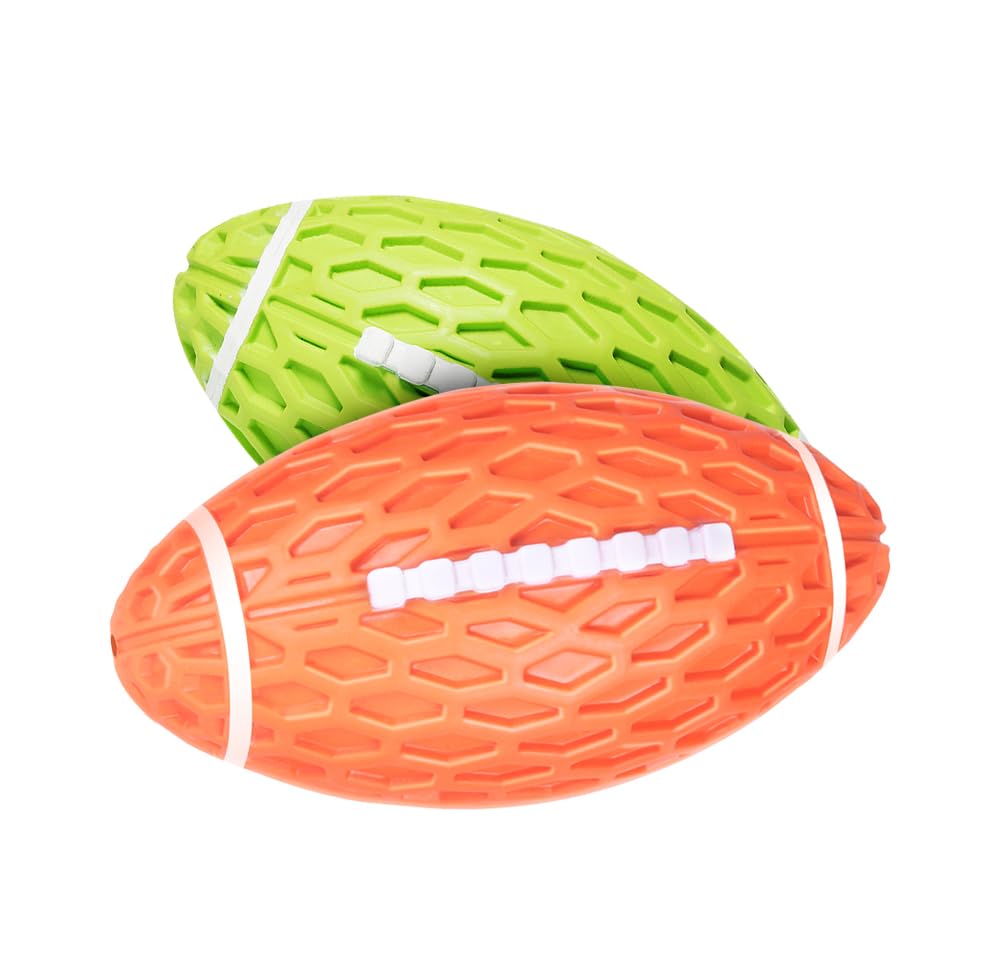 Auscat 2Pcs Squeaky Dog Football Toy For Aggressive Chewers, Tough Rubber Dog Ball For Medium Large Dogs, Green And Orange, Larg