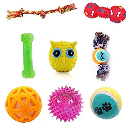 Psk Pet Mart 8 In 1 Puppy Toys Combo | Led | | Tennis | Rope Dumbell | 3 Knot | Silicon Bone | Latex Owl | Squeaky Dumbell | 2 K