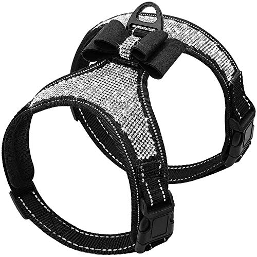 Beirui Rhinestone Dog Harness - Reflective Bling Nylon Dog Vest With Sparkly Bow Tie For Small Medium Large Dogs Walking,Party And Wedding,Black,S