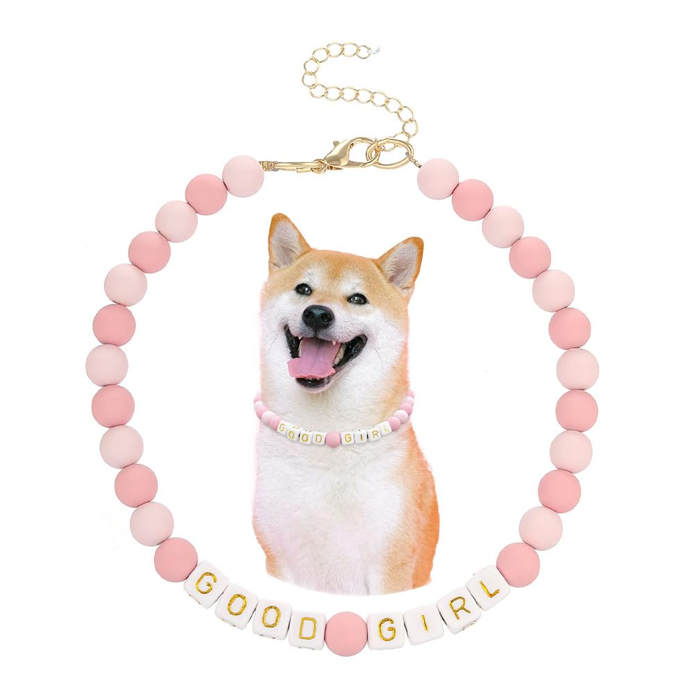 Madison Tyler Dog Beaded Necklace | Adjustable Beaded Durable Dog Necklace | Cute Fashion Pet Collar | Good Girl Jewelry Pink Be
