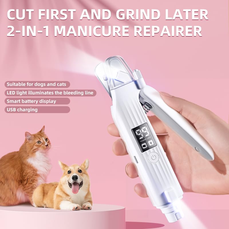Dog & Cat Nail Clipper And Grinder 2 In 1,Rechargeable With Multiple Sanding Ports And Splash Guard. Led Light On Both Ends,Come