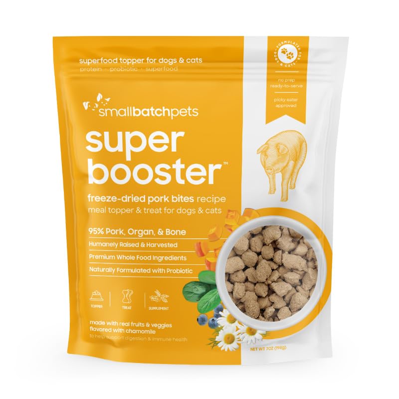 smallbatch Pets Freeze-Dried Super Booster Pork Bites for Dogs & Cats, 7 oz, Made in The USA, Humanely Raised Single Protein Sou