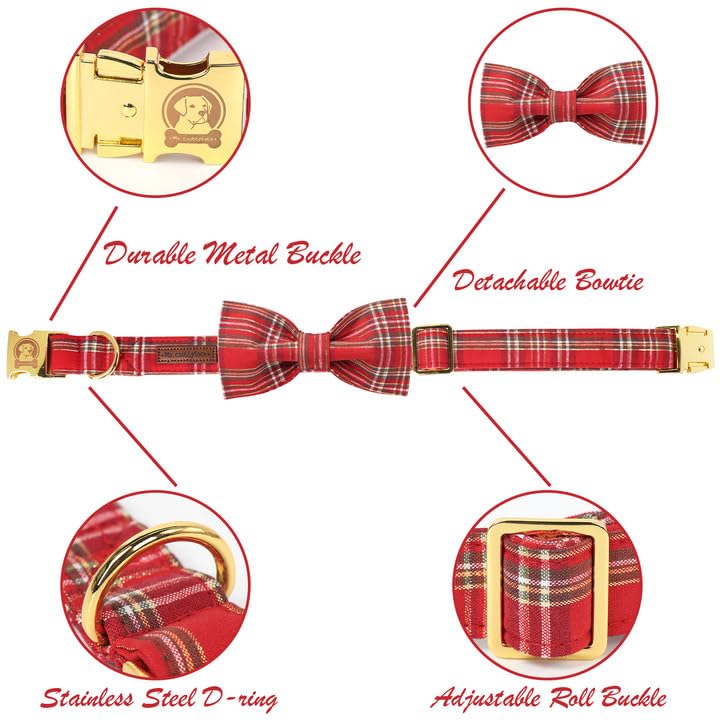 Mr. Chubbyface Red Plaid Dog Collar With Bowtie, Cotton Boy Girl Dog Collars With Metal Buckle Cute Christmas Collars For Puppy