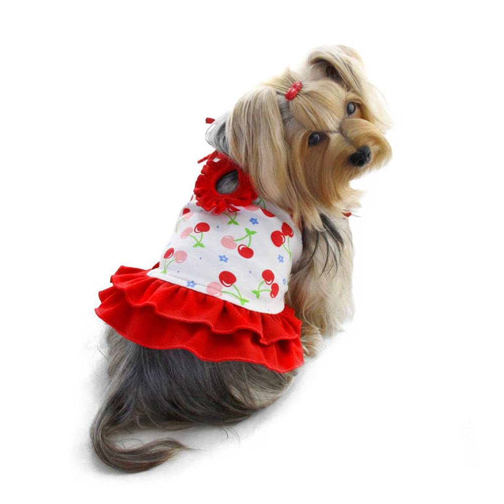 Klippo Cherries Sundress/Picnic Dress Made With Soft Knit Cotton; Adjustable Shoulder Straps For Small Dog/Puppy - S