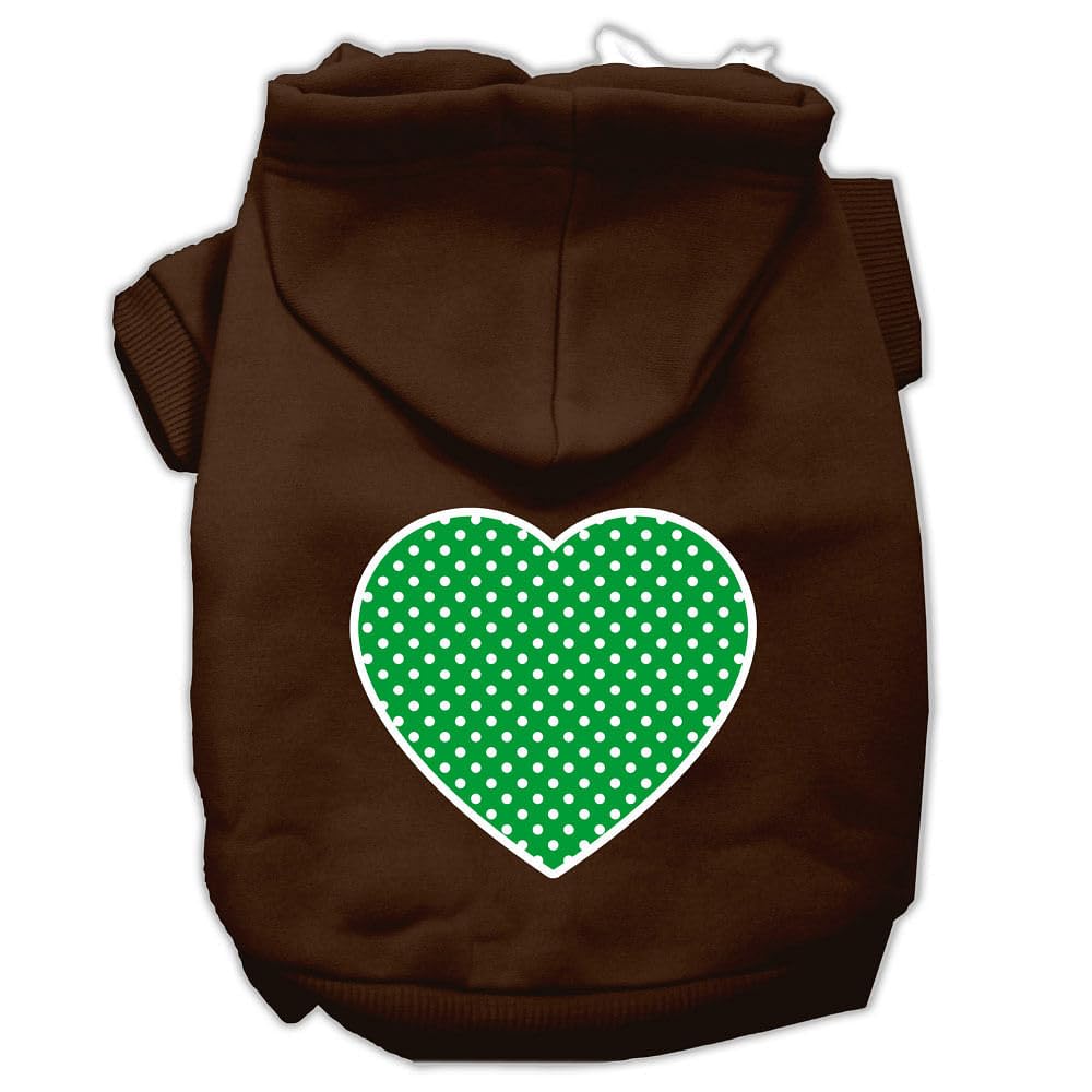 Pet Dog & Cat Hoodie Screen Printed, 'Green Swiss Dots Heart' Brown Xs (0-3 Lbs.)