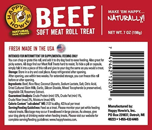 Happy Howies Soft Meat Roll Treat - Soft Dog Food Rolls, Natural Ingredients, for All Dogs, Made in USA - Beef, Lamb, Turkey, 7