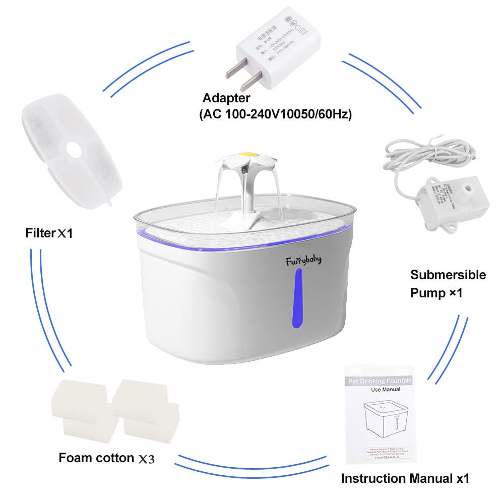 Furrybaby Cat Water Fountain, Led Automatic Pet Water Dispenser With Water Level Window Multiple Modes Indoor Intelligent Pet Fountain For Cats, Dogs With 2 Filters (Rectangle, 2L White)