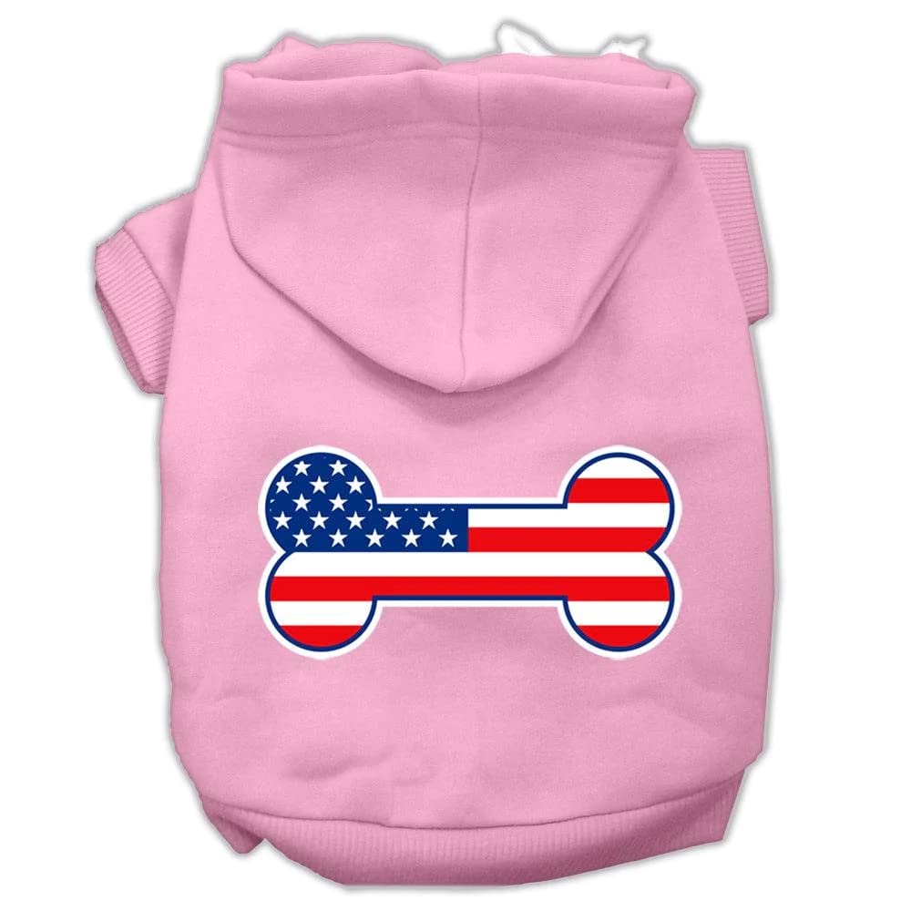 Pet Dog & Cat Hoodie Screen Printed, 'Bone Shaped American Flag' Light Pink Xl (14-20 Lbs.)