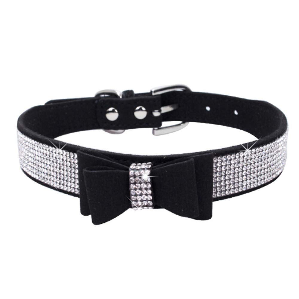 Dogs Kingdom 10''-24'' Length Cute Pet Dog Velvet Bow Tie Collar Puppy Cat Full Crystal Rhinestone Necklace Adjustable,Black,Xs
