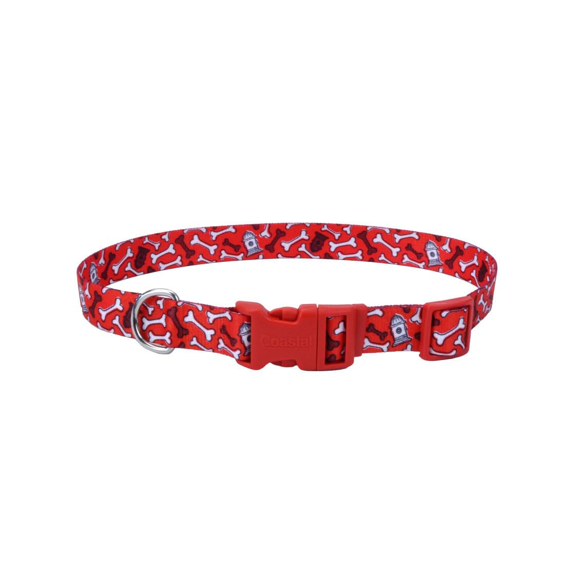 Coastal Pet Styles Adjustable Dog Collar - Stylish Patterned Fabrics - Snap-Lock Buckle - Adjustable Dog Collar - For Small, Medium Or Large Dogs - Red Bones - 3/8' X 08'-12'