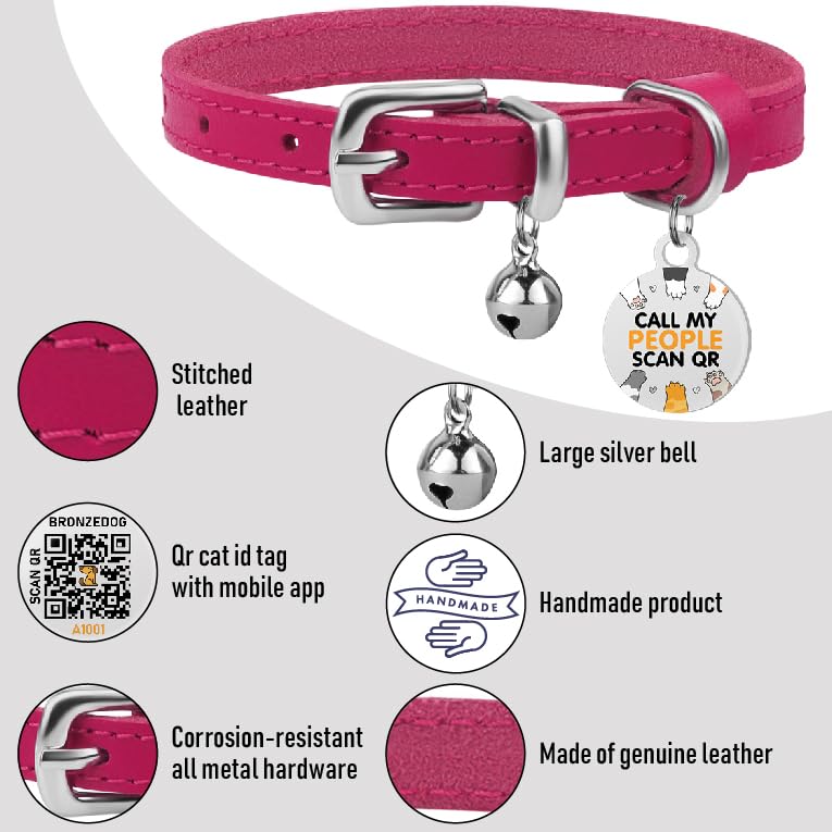 Bronzedog Leather Cat Collar With Removable Bells Non Breakaway Kitten Qr Tag For Girl Boy (Pink & Silver, 9-12 Inch)