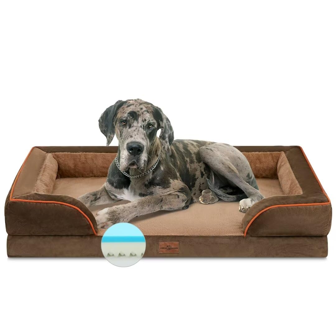 Comfort Expression Cooling Dog Bed Memory Foam, Orthopedic Dog Bed For Giant Dogs, Xxl Dog Bed For Extra Large Dogs, Waterproof Dog Bed With Bolster & Removable Cover(Xx-Large,Khaki Brown)
