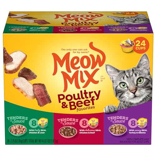 Meow Mix Wet Cat Food Tenders in Sauce, Poultry & Beef Variety Pack, 2.75 Ounce Cup, 24 Count