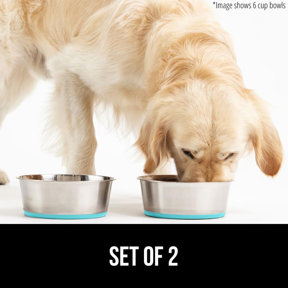 GORILLA GRIP Set of 2 Dog Bowls, Holds 8 Cups (64 fl oz), Heavy Duty Metal Food and Water Bowl for Feeding Dogs and Cats, Dishwa