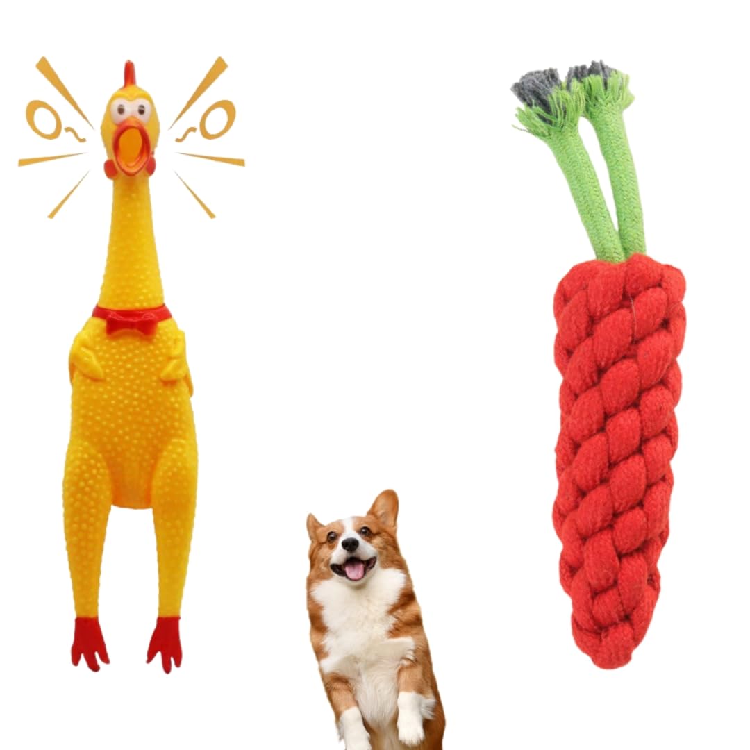Polka Squeaky Chicken & Carrot Rope Puppy & Dog Toy  Fun Interactive Chew Toys For Dogs  Durable, NonToxic & Safe  Great For