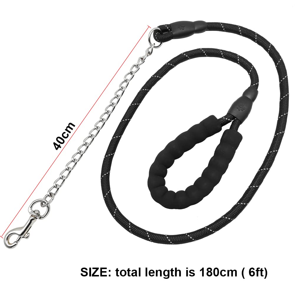Btinesful 6Ft Chewproof Dog Leash, Strong Nylon Rope With Anti-Chewing Chain And Padded Handle For Medium Large Dogs Outdoor Training Walking Hiking Black