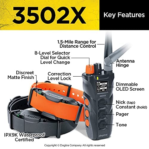 Dogtra 3502X Waterproof Dual DIAL Dog Training E-Collar, 1.5-Mile Range, Black/Orange, Expandable for 2 Dogs, Professional Use